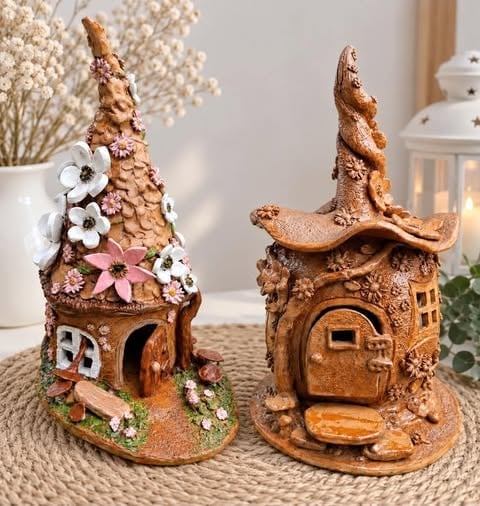 Dwie dekoracyjne ceramiczne chatki z bajki z ostrymi dachami, jedna ozdobiona kolorowymi kwiatami