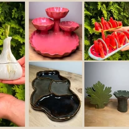 Kolaż dekoracyjnych ceramicznych naczyń z falowanymi krawędziami